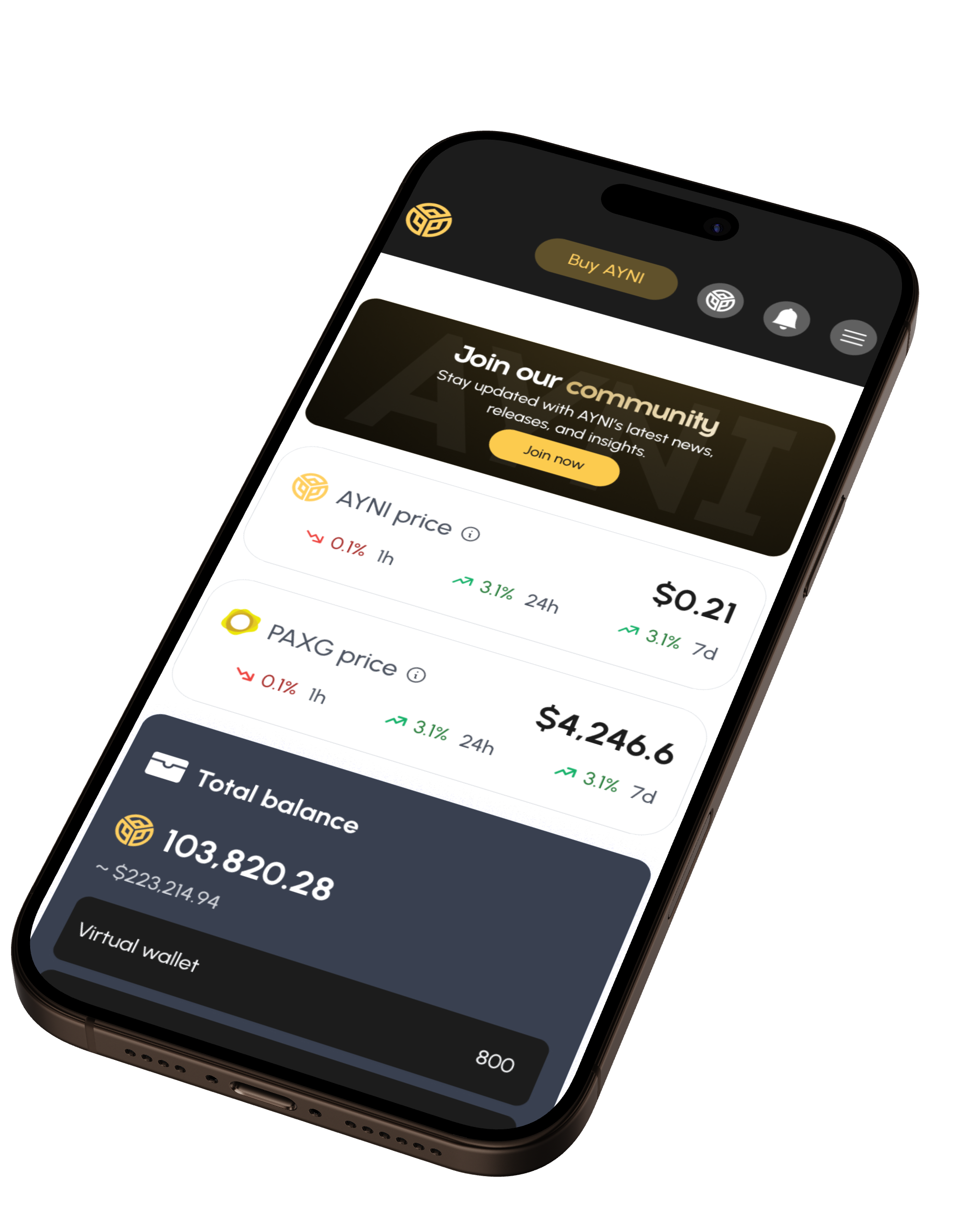 Ayni Gold mobile app on a smartphone showing balances, AYNI and PAXG prices, and account features.